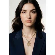 Lykos Çelik Gold Renk Burgu Model Işlemeli Yonca Figür Nazar Boncuk Detay Kadın Kolye