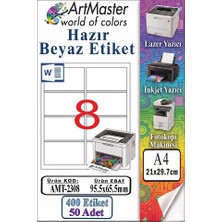 ArtMaster A4 Hazır Beyaz Etiket 95.5X65.5 mm 8 Li 50 Sayfa 1 Paket Kendinden Yapışkanlı Fotokopi Lazer Inkjet Kağıdı Yazıcılar