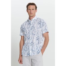 Altınyıldız Classics Erkek Beyaz-Lacivert Slim Fit Dar Kesim Düğmeli Yaka Keten Çizgili Gömlek