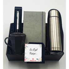 As Gift Gri Defter & Kılıflı Kromtermos & Gri Kenarlı Kupa & Beyaz Roller Kalem Hediye Seti
