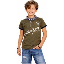 Baffy Kids Erkek Çocuk Vintage Yazılı Düğme Kapamalı Haki Renk Polo Yaka Tişört