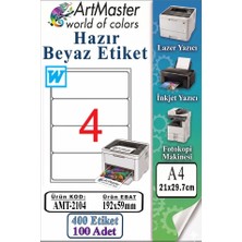 ArtMaster A4 Hazır Beyaz Etiket 192X59 mm 4 Lü 100 Sayfa 1 Paket Kendinden Yapışkanlı Fotokopi Lazer Inkjet Kağıdı Yazıcılar