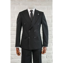 Apartro Slimfit Sivri Yaka Çift Yırtmaçlı Çizgili Kruvaze Takım Elbise