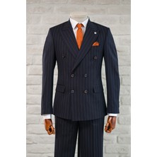Apartro Slimfit Sivri Yaka Çift Yırtmaçlı Çizgili Kruvaze Takım Elbise