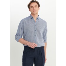 Altınyıldız Classics Erkek Lacivert Pamuklu Keten Comfort Fit Rahat Kesim Düğmeli Yaka Armürlü Gömlek