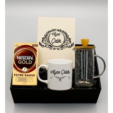 As Gift Kişiye Özel Kanvas Krem Defter & Kişiye Özel Beyaz Kupa & French Press & Nescafe Gold Filtre Kahve Hediye Seti