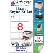 ArtMaster A4 Hazır Beyaz Etiket 95.5X65.5 mm 8 Li 100 Sayfa 1 Paket Kendinden Yapışkanlı Fotokopi Lazer Inkjet Kağıdı Yazıcılar