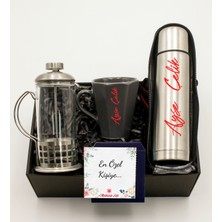 As Gift Kişiye Özel Gri Kenarlı Kupa & Kişiye Özel Kılıflı Krom Çelik Termos & Metal French Press Hediye Seti