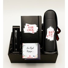 As Gift Kişiye Özel Siyah Defter & Kişiye Özel Deri Kılıflı Siyah Termos & Kişiye Özel Siyah Roller Kalem Hediye Seti