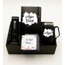 As Gift Kişiye Özel Siyah Defter & Kişiye Özel Siyah Bardak Termos & Kişiye Özel Siyah Roller Kalem Hediye Seti