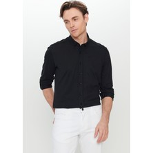 Altınyıldız Classics Erkek Siyah 360 Her Yöne Esneyen Pamuklu Slim Fit Dar Kesim Düğmeli Yaka Örme Gömlek