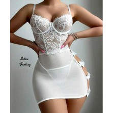 Intive Lingerie Intive Bride Beyaz Yanı Açık Kurdele Detaylı Transparan Dantelli Feminen Gecelik