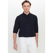 Altınyıldız Classics Erkek Lacivert Slim Fit Dar Kesim Düğmeli Yaka Armürlü Gofre Desenli Gömlek