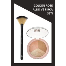 Golden Rose Fan Brush - Yelpaze Fırça ve Nude Look Baked Trio Face Powder - Allık Bronzlaştırıcı Aydınlatıcı Seti