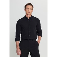 Altınyıldız Classics Erkek Siyah Slim Fit Dar Kesim Düğmeli Yaka Armürlü Gofre Desenli Gömlek