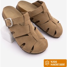 Marjin Kadın Hakiki Deri Önü Kapalı Eva Taban Tokalı Sabo Günlük Süet Terlik Yolis Camel Süet