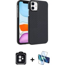 Marsilyan™- iPhone 11 Kılıf Doruk Serisi - Siyah 3D Antistatik Cam Ekran Koruyucu + Siyah Pvd Metal Kamera Lens