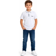 CCA Kids Erkek Çocuk Sport Yazı Desenli Arması Nakışlı Beyaz Renk Polo Yaka Tişört