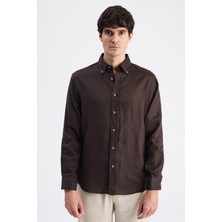 D'S Damat Ds Damat Comfort Kahverengi Düz %100 Keten Gömlek 6HC02AP01304M