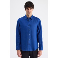 D'S Damat Ds Damat Comfort Indigo Düz %100 Keten Gömlek 6HC02AP01304M
