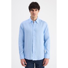 D'S Damat Ds Damat Comfort Mavi Düz %100 Keten Gömlek 6HC02AP01304M