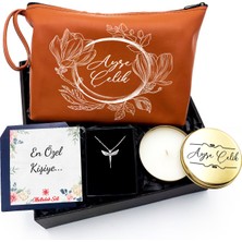 As Gift Kişiye Özel Kahverengi Makyaj Çantası & Gümüş Kaplama Melek Kolye & Gold Metal Kutulu Mum Hediye Seti