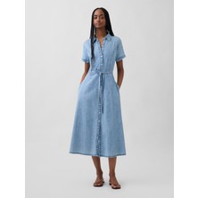 Gap Kadın Açık Mavi Denim Tie-Waist Midi Gömlek Elbise