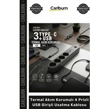 Carlburn #uzatma Typec Şarjlı Dayanıklı 2500 Watt Termal Akım Korumalı 4 Prizli USB Girişli Uzatma Kablosu
