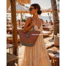 Home Decors By Özlem El Emeği Hasır Çanta Plaj Çantası Pamuk Tekstil Yaz Tarzı 30cm x 40-42cm