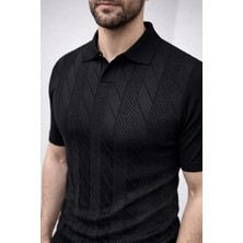 Modenya Erkek Yazlık Triko Dokuma Tişört Kısa Kol Polo Yaka T-Shirt - Siyah