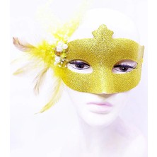 Luord-Store Işlemeli Inci Boncuk Detaylı Tüylü Balo Maskesi Altın Renk 13X18 cm