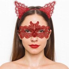 Luord-Store Ateş Kırmızısı Dantel Taç Maske Seti 10 No - Maskeli Balo Özel Gün Seti