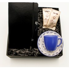 As Gift Siyah Defter & Desenli Mavi Fincan & Siyah Roller Kalem & Mehmet Efendi Türk Kahvesi Hediye Seti