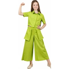 İrem Çocuk Giyim Kız Çocuk Geniş Paça Bilek Boy Pantolon Model Torba Cepli Crop Gömlekli Fıstık Yeşili Keten İkili Takım