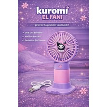 Jasper Mor-Pembe Kuromi Figürlü Taşınabilir Standlı Serinletici Fan 3 Hız Ayarlı , Typ-C Şarjlı Fan Masaüstü Fan Vantilatör