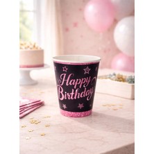 Parti Adresi Pink Stars Happy Birthday Yazılı Karton Bardak Doğum Günü Parti Bardağı 8 Adet