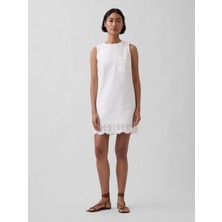 Gap Kadın Beyaz Eyelet Hem Mini Shift Elbise