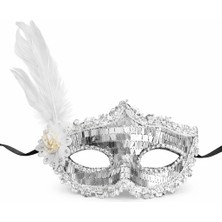 Uravas Store Gümüş Tüylü Payetli Lüks Taşlı Parti Maskesi