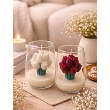 Beyra Decor Kırmızı & Beyaz Lale Mum Ikili Set – Cam Bardakta Dekoratif Çiçek Mum | Hediye & Nişan