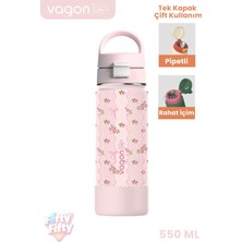 Vagonlife 550 ml Desenli Tek Kapak Çift Kullanım Pipetli Rahat Içim Kulplu Paslanmaz Çelik Termos 1109-550ML