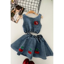 Miniğimin Cicileri Kiraz Işleme Detaylı Kız Çocuk 2 Li Kot Takım - Mavi