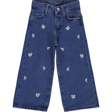 Civil Girls Çiçek Nakışlı Kot Pantolon 2-5 Yaş Kız Çocuk İçin Regular Fit Geniş Paça Mavi