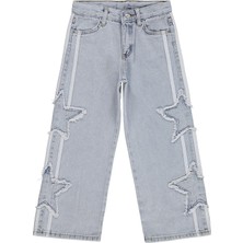 Civil Girls Civil Kız Çocuk Şeritli Yıldız Nakışlı Kot Pantolon 10-13 Yaş Buz Mavi Geniş Paça Regular Fit