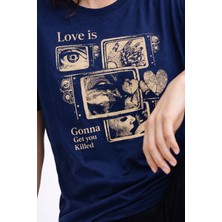 Minblu Love Is Temalı Indigo Tişört