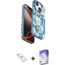 Marsilyan™- iPhone 14 Kılıf Siluet Doku - Siyah Bilvis 5in1 3D Magic Cam Ekran Koruyucu + Pembe Diamond Kamera Lens