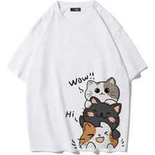 Brz Collection Unisex Oversize Three Cute Cats  T-Shirt (Beyaz)