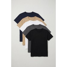 Mero Life Unisex Siyah-Beyaz-Lacivert-Antrasit-Bej Slim Fit Bisiklet Yaka %100 Pamuk 5'li Basic Tişört Seti