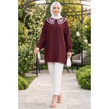 SVS Yaka Nakışlı Tesettür Tunik Bordo