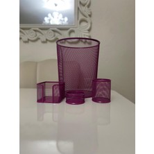 Sert Kırtasiye Perfore Kalemlik Ataşlık Küp Notluk Çöp Kovası 4'lü Masa Seti Mor