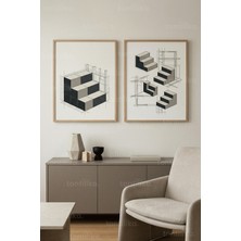 Tontilika Minimalist Mimari Merdiven ve Geometrik Tasarım 2’li Ahşap Çerçeveli Tablo Seti